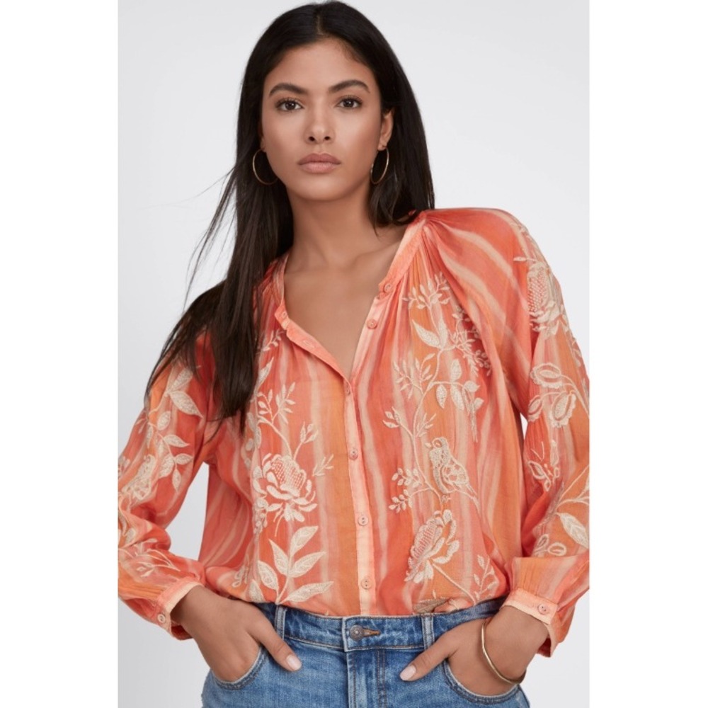 Johnny Was Workshop Harlow Raglan Poet Shirt Orange Silk Blend Embroidered S